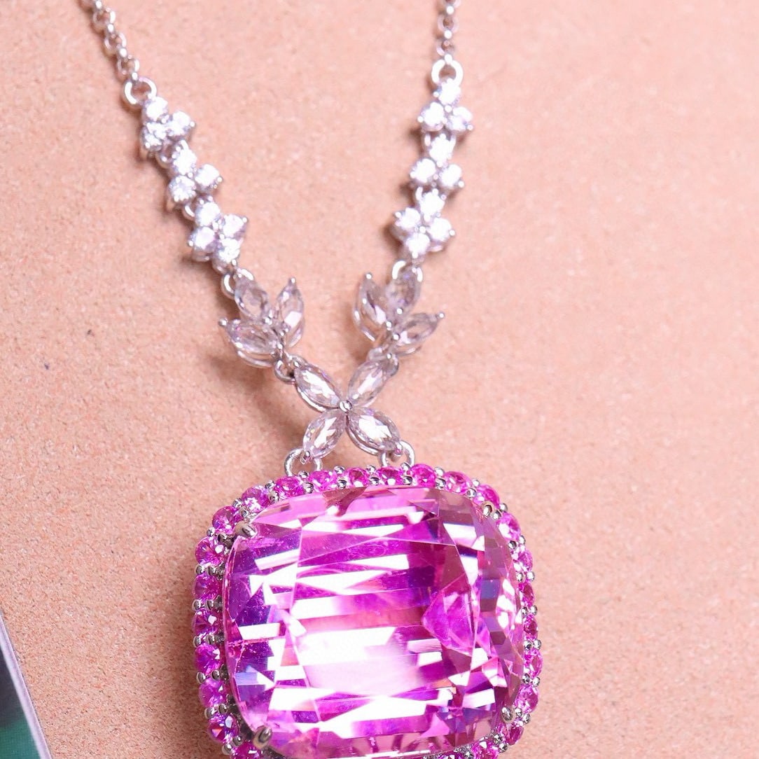 14k Gold 34.84 Ctw Natural Kunzite & Sapphire Necklace - 3