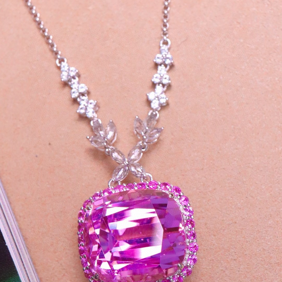 14k Gold 34.84 Ctw Natural Kunzite & Sapphire Necklace - 4