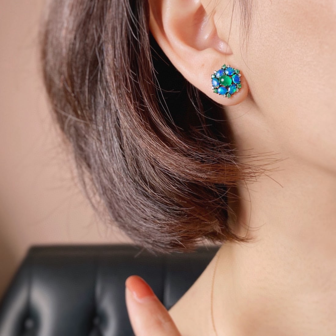14k Gold 1 Ct Natural Emerald & Diamond & Opal & Emerald Earrings - 5