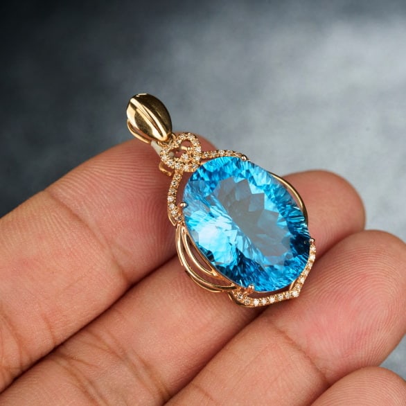 14k Gold 19.55 Ct Natural Topaz & Diamond Pendant( Without Chain ) - 6