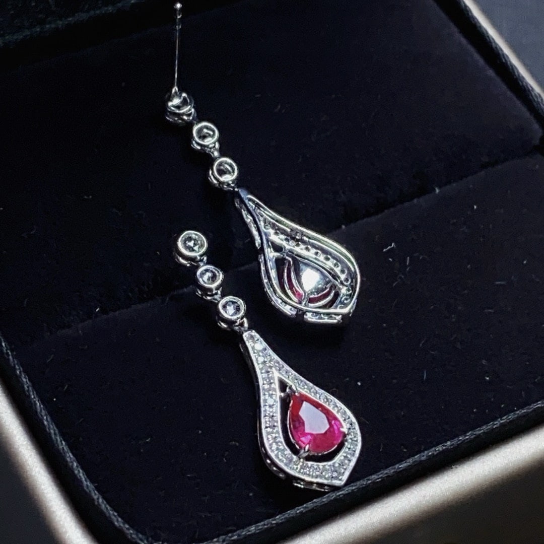 14k Gold 1.16 Ct Natural Ruby & Diamond & Sapphire Earrings - 4