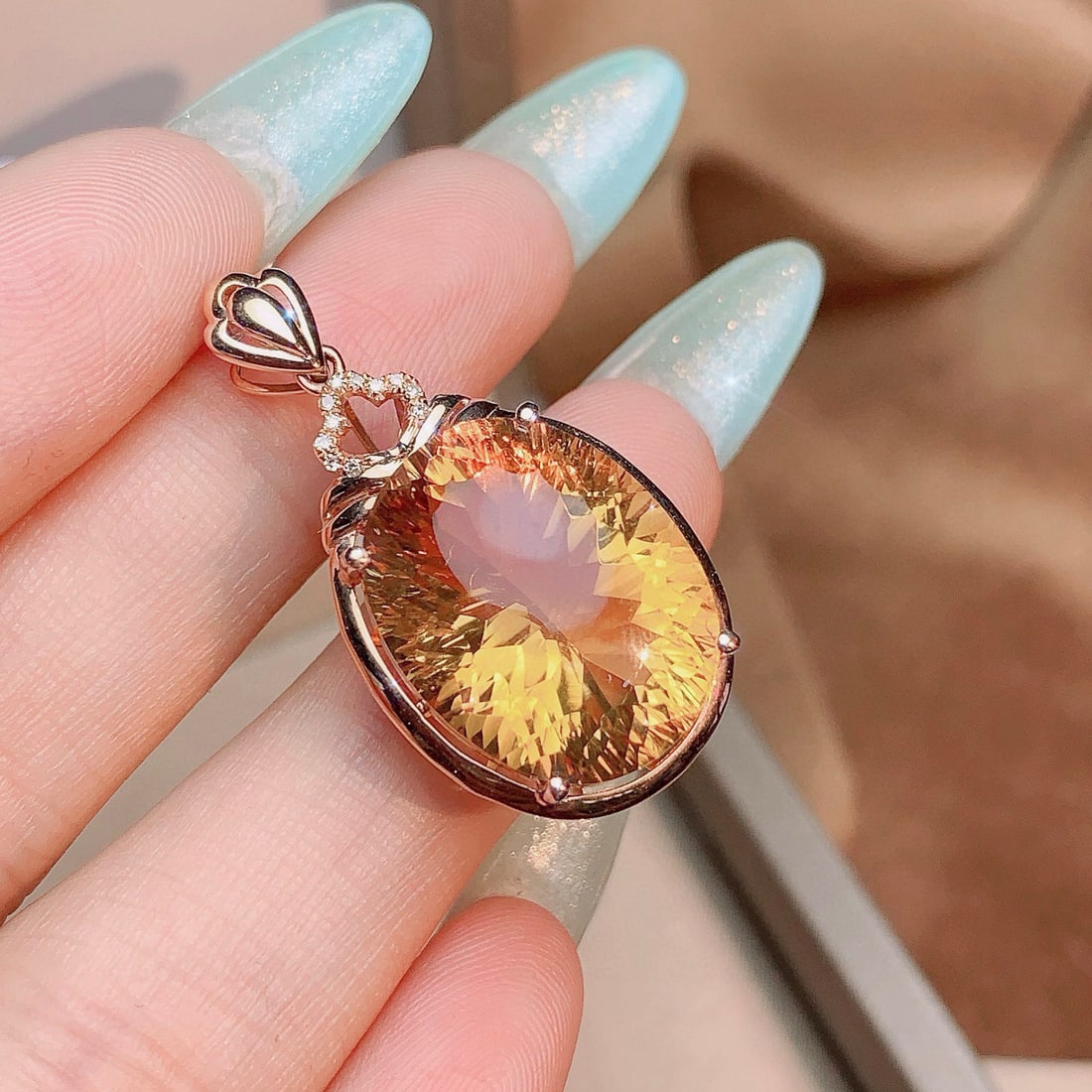 14k Gold 12.93 Ctw Natural Citrine & Diamond Pendant( Without Chain ) - 3