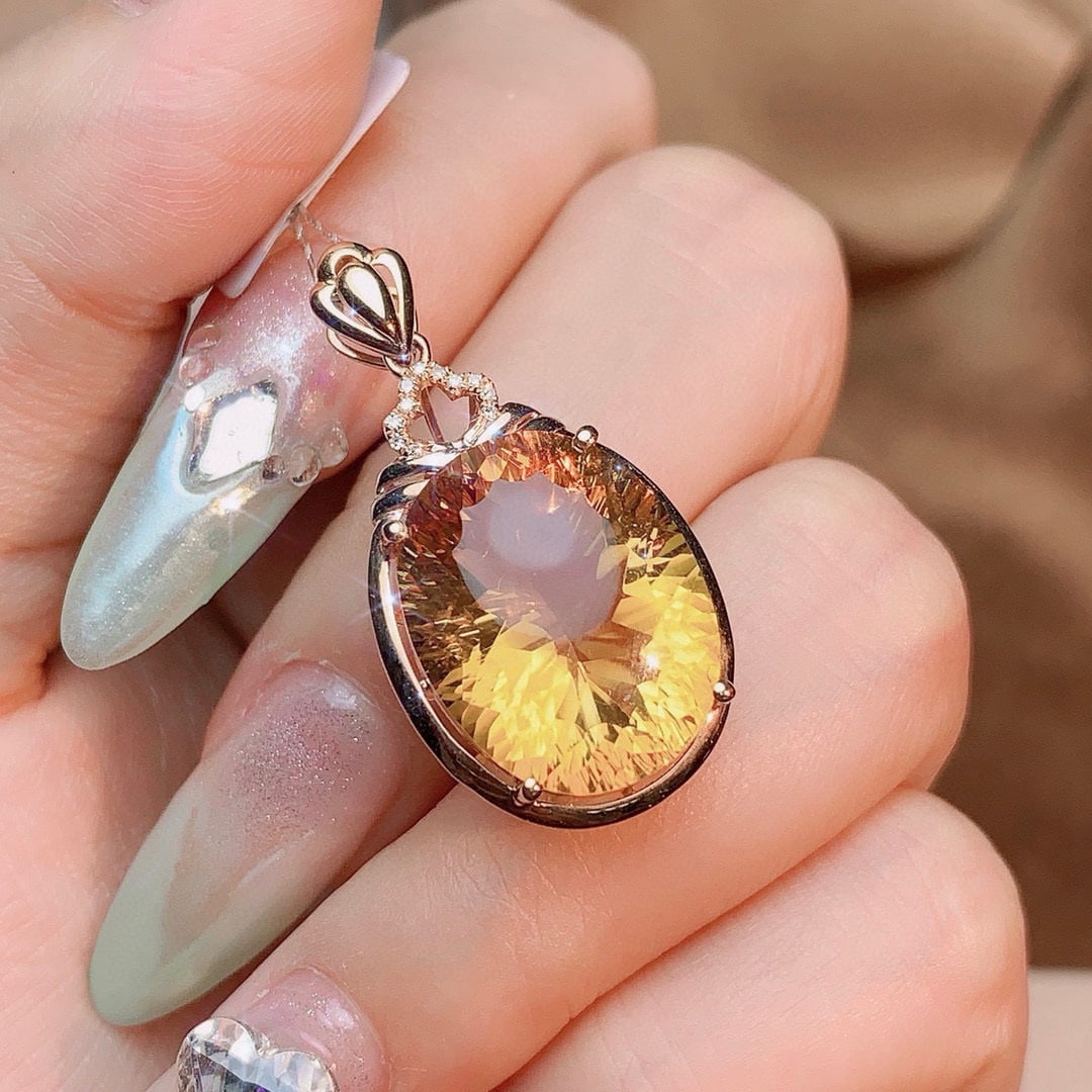 14k Gold 12.93 Ctw Natural Citrine & Diamond Pendant( Without Chain ) - 4