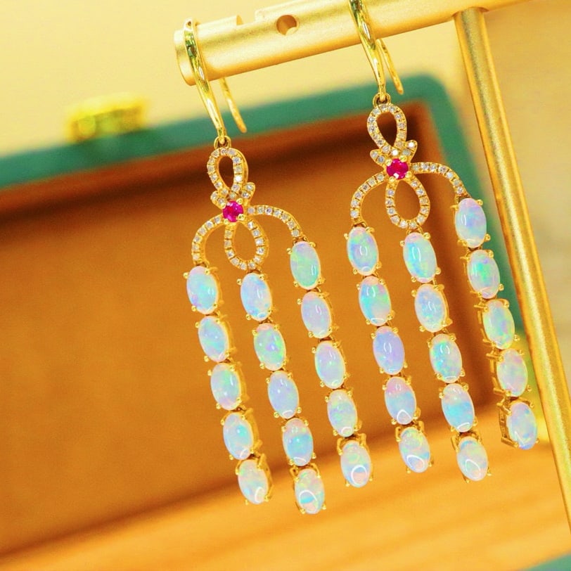 14k Gold 4.40 Ctw Natural Opal & Diamond Earrings - 5
