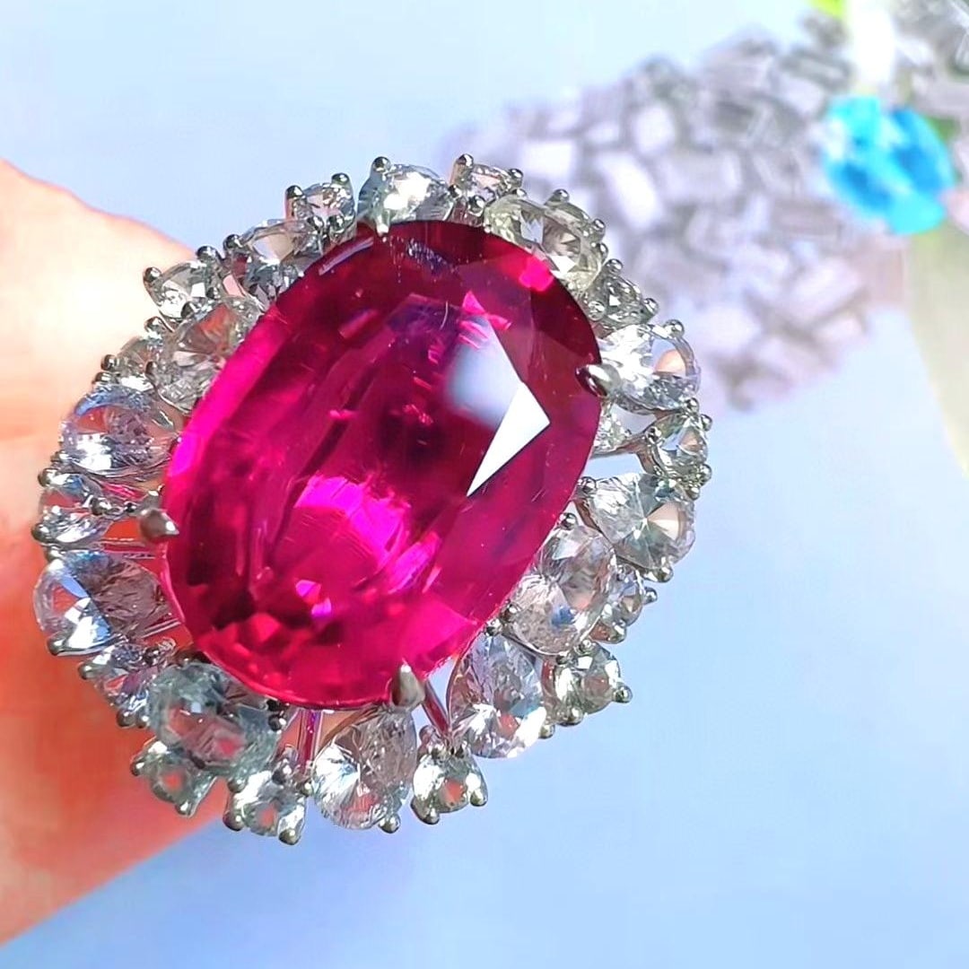 14k Gold 5.05 Ct Natural Tourmaline & Diamond & Sapphire Ring: Ref:231044382 // gold content:14k gold // ring size:7. 25us // // main gemstone:tourmaline // shape:oval // carat weight:5. 05ct // color:red // treatment:natural // // adjacent gemstone 2 : diamond