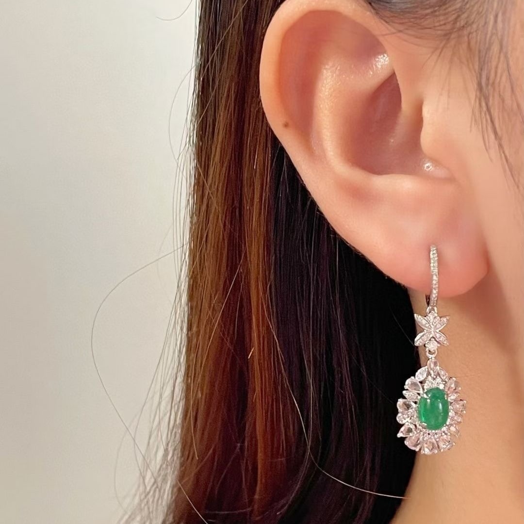 14k Gold 1.95 Ct Natural Emerald & Diamond Earrings - 4