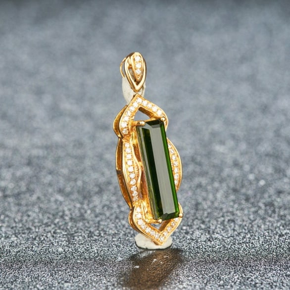 14k Gold 3.0 Ct Natural Tourmaline & Diamond Pendant( Without Chain ) - 3