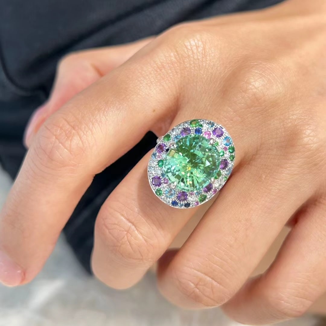 14k Gold 9.15 Ct Natural Tourmaline & Diamond Ring - 2