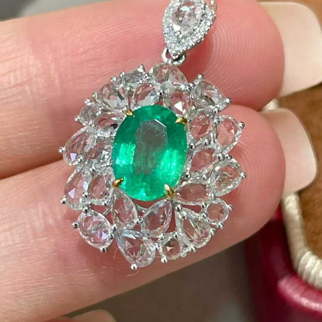 14k Gold 1.22 Ct Natural Emerald & Diamond & Sapphire Pendant( Without Chain ) - 3