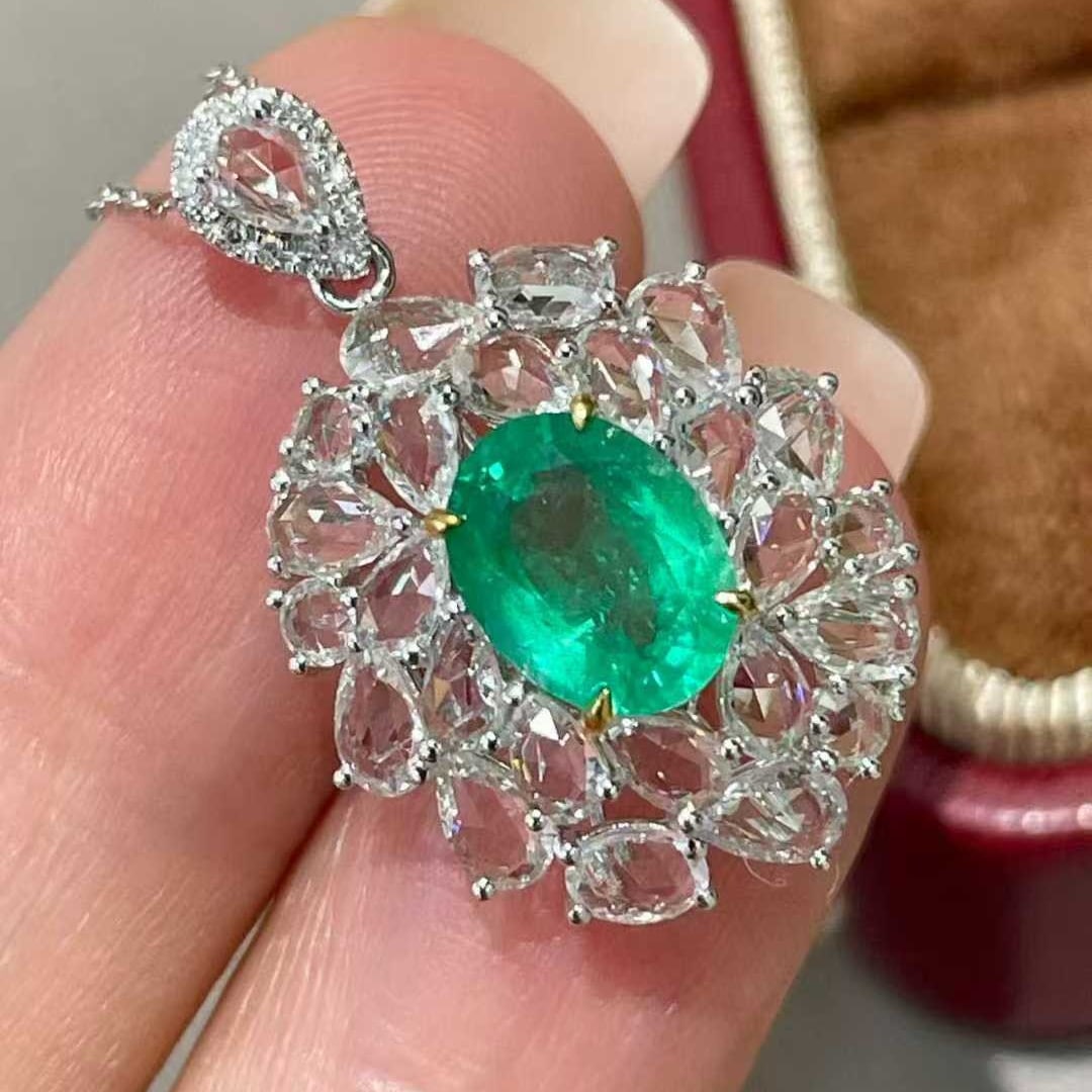 14k Gold 1.22 Ct Natural Emerald & Diamond & Sapphire Pendant( Without Chain ) - 4