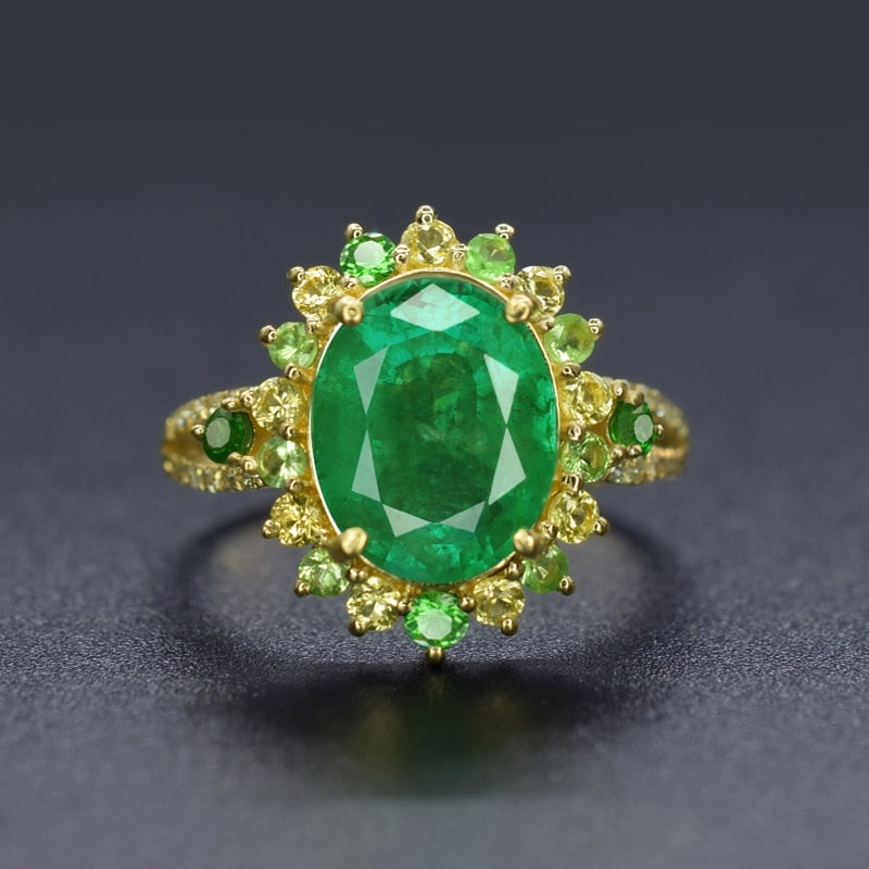 14k Gold 2.46 Ct Natural Emerald & Sapphire & Tsavorite & Diamond Ring: Ref:231045001 // gold content:14k gold // ring size:7. 25us // // main gemstone:emerald // shape:oval // carat weight:2. 46ct // color:green // treatment:natural // // adjacent gemstone 2 : sapphire