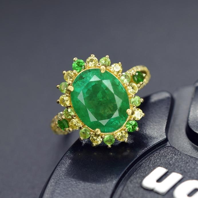 14k Gold 2.46 Ct Natural Emerald & Sapphire & Tsavorite & Diamond Ring - 2