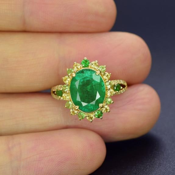 14k Gold 2.46 Ct Natural Emerald & Sapphire & Tsavorite & Diamond Ring - 3