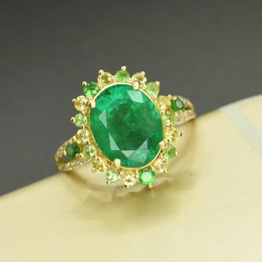 14k Gold 2.46 Ct Natural Emerald & Sapphire & Tsavorite & Diamond Ring - 4