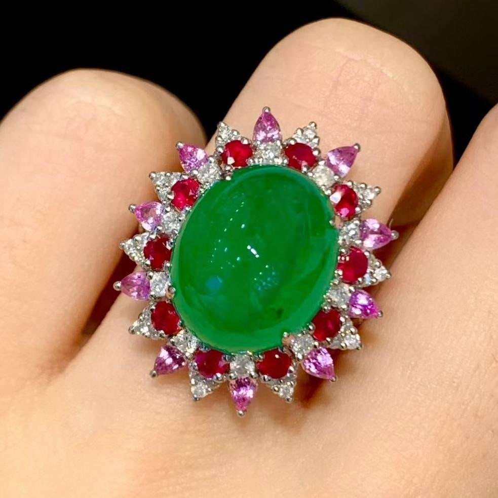 14k Gold 8.8 Ct Vivid Green Natural Emerald & Diamond & Sapphire & Ruby Ring: Ref:231045004 // gold content:14k gold // ring size:7. 25us // // main gemstone:emerald // shape:oval // carat weight:8. 8ct // color:vivid green // treatment:natural // // adjacent gemstone 2 : diamo