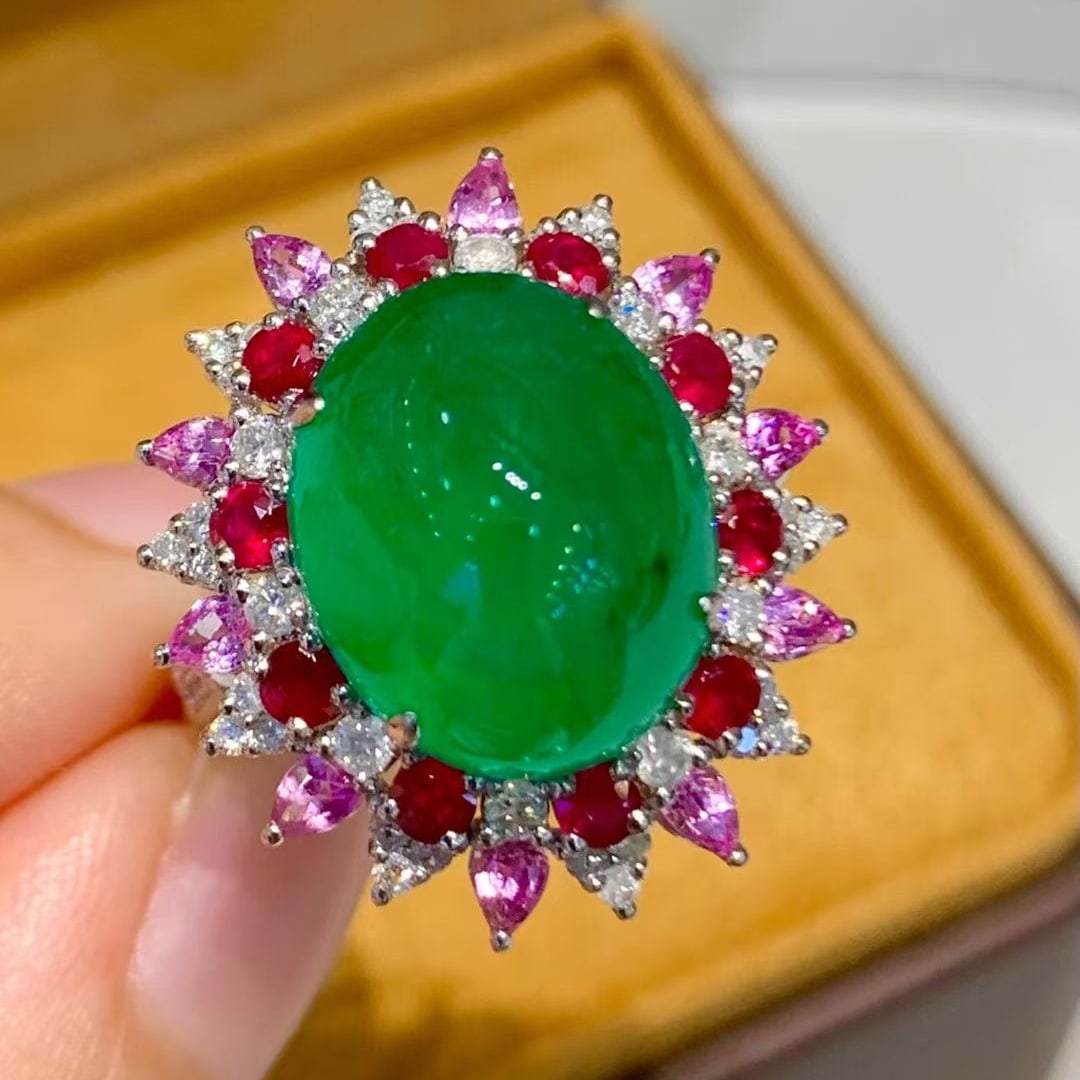 14k Gold 8.8 Ct Vivid Green Natural Emerald & Diamond & Sapphire & Ruby Ring - 2