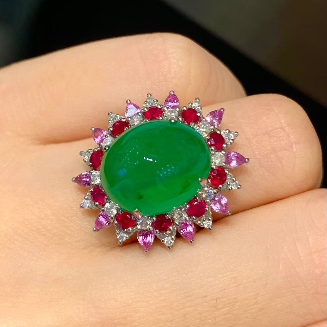 14k Gold 8.8 Ct Vivid Green Natural Emerald & Diamond & Sapphire & Ruby Ring - 6