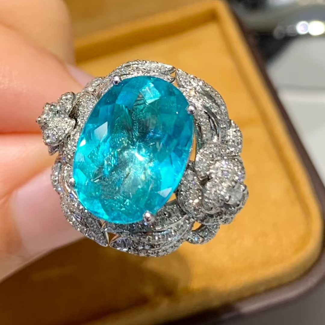 14k Gold 5 Ct Natural Paraiba Tourmaline & Diamond Ring - 3