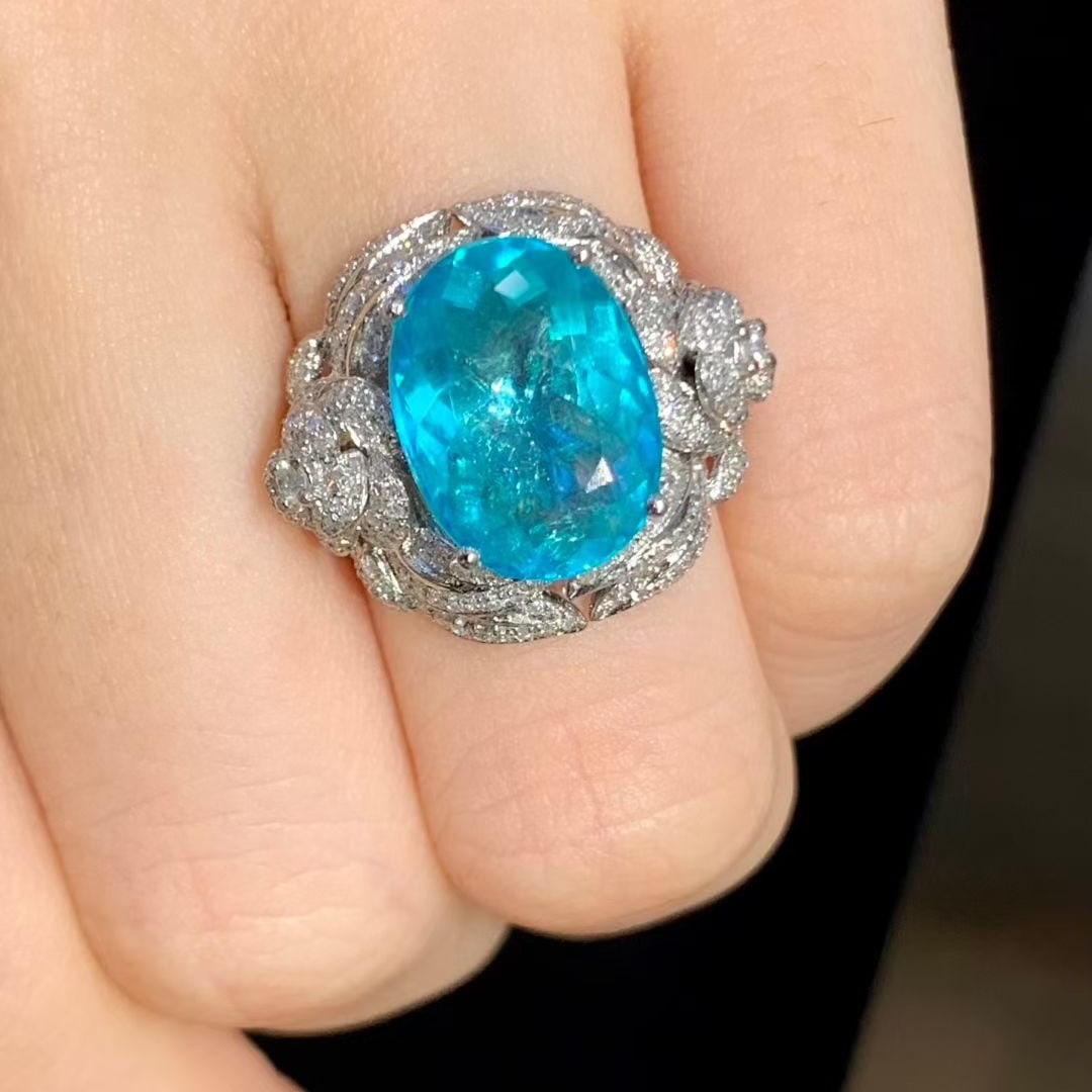 14k Gold 5 Ct Natural Paraiba Tourmaline & Diamond Ring - 5