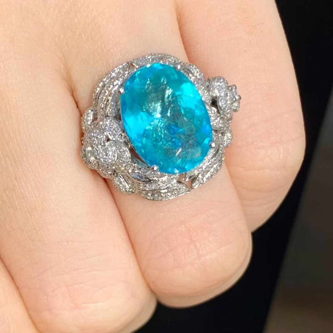 14k Gold 5 Ct Natural Paraiba Tourmaline & Diamond Ring - 6