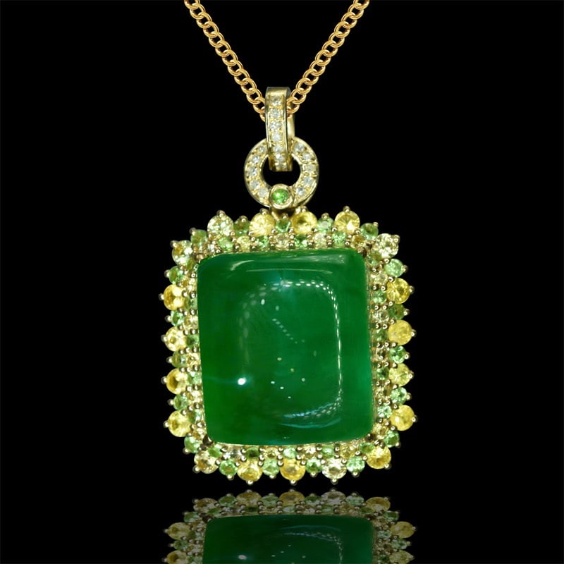 14k Gold 13.32 Ctw Natural Emerald & Diamond Pendant( Without Chain ): Ref:231045021 // gold content:14k gold // main gemstone:emerald // shape:cushion // carat weight:13. 27ct // color:green // treatment:natural // // adjacent gemstone 2 : diamond // number of stones:17