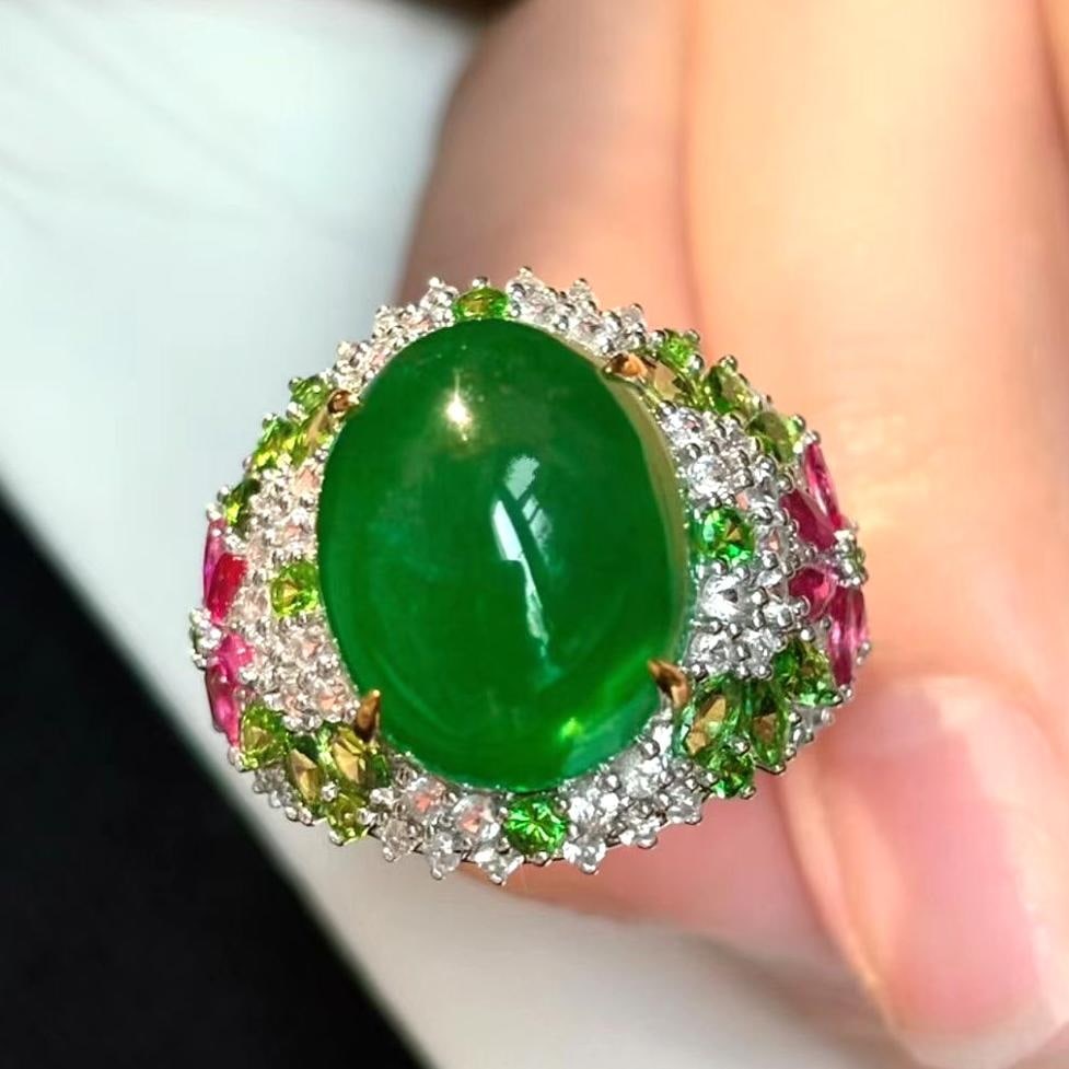 14k Gold 10.39 Ct Natural Emerald & Diamond & Tsavorite & Ruby Ring: Ref:231045022 // gold content:14k gold // ring size:7. 25us // // main gemstone:emerald // shape:oval // carat weight:10. 39ct // color:green // treatment:natural // // adjacent gemstone 2 : diamond
