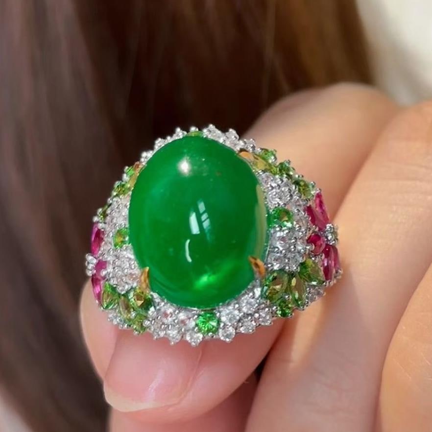 14k Gold 10.39 Ct Natural Emerald & Diamond & Tsavorite & Ruby Ring - 2