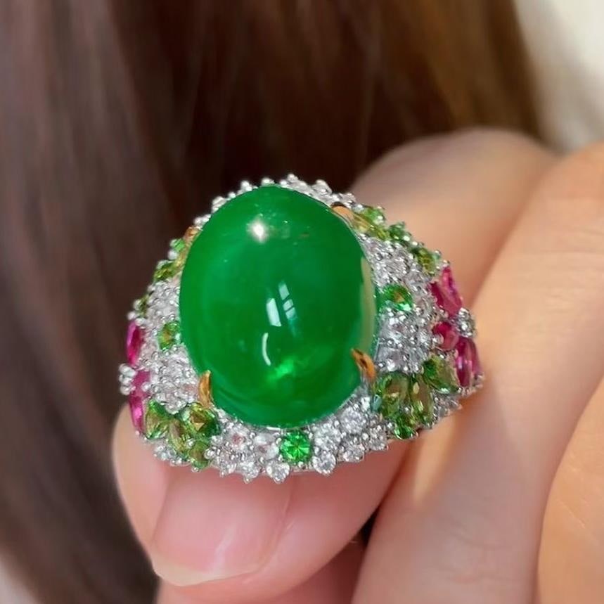 14k Gold 10.39 Ct Natural Emerald & Diamond & Tsavorite & Ruby Ring - 3