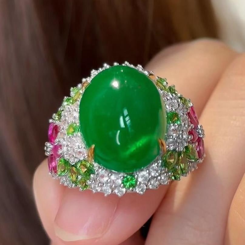 14k Gold 10.39 Ct Natural Emerald & Diamond & Tsavorite & Ruby Ring - 4