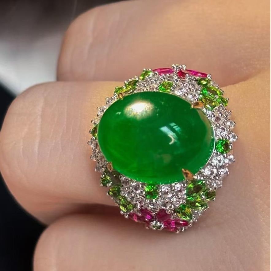 14k Gold 10.39 Ct Natural Emerald & Diamond & Tsavorite & Ruby Ring - 5