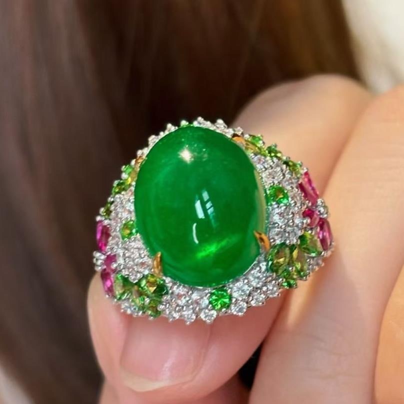 14k Gold 10.39 Ct Natural Emerald & Diamond & Tsavorite & Ruby Ring - 6