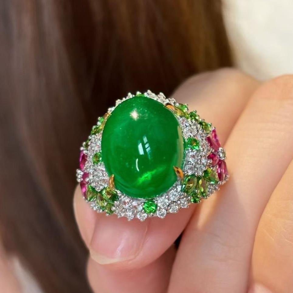 14k Gold 10.39 Ct Natural Emerald & Diamond & Tsavorite & Ruby Ring - 7