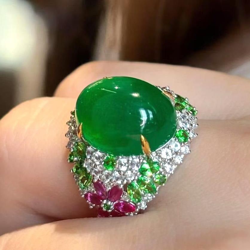 14k Gold 10.39 Ct Natural Emerald & Diamond & Tsavorite & Ruby Ring - 8