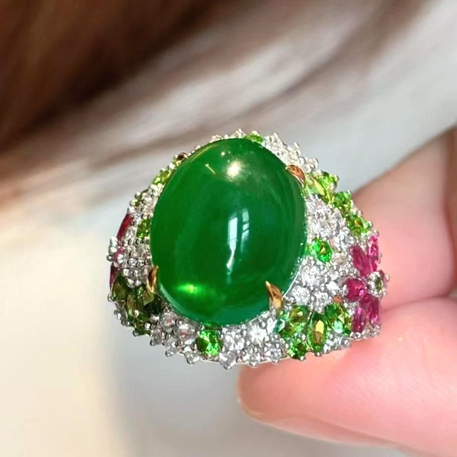 14k Gold 10.39 Ct Natural Emerald & Diamond & Tsavorite & Ruby Ring - 9