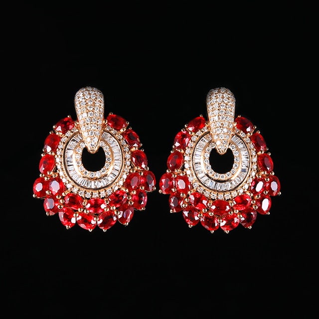 14k Gold 4.77 Ctw Natural Ruby & Diamond Earrings: Ref:231045024 // gold content:14k gold // main gemstone:ruby // shape:oval // carat weight:3. 9ct // color:pigeonblood red // treatment:natural // // adjacent gemstone 2 : diamond // number of stones:
