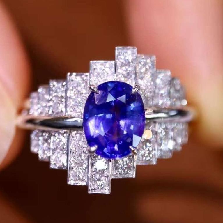 14k Gold 1.89 Ctw Natural Sapphire & Diamond Ring: Ref:231045026 // gold content:14k gold // ring size:7. 25us // // main gemstone:sapphire // shape:oval // carat weight:1. 47ct // color:blue // treatment:natural // // adjacent gemstone 2 : diamond