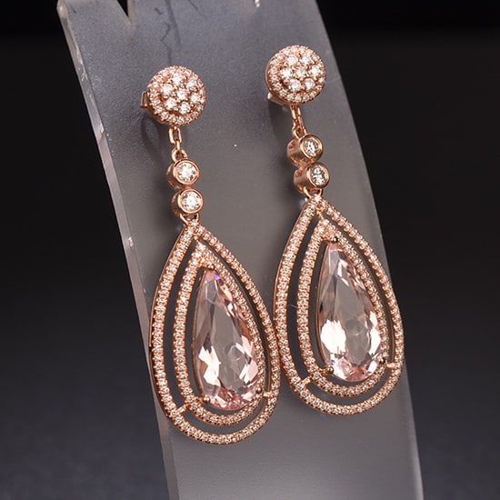 14k Gold 7.31 Ctw Natural Morganite & Diamond Earrings - 6