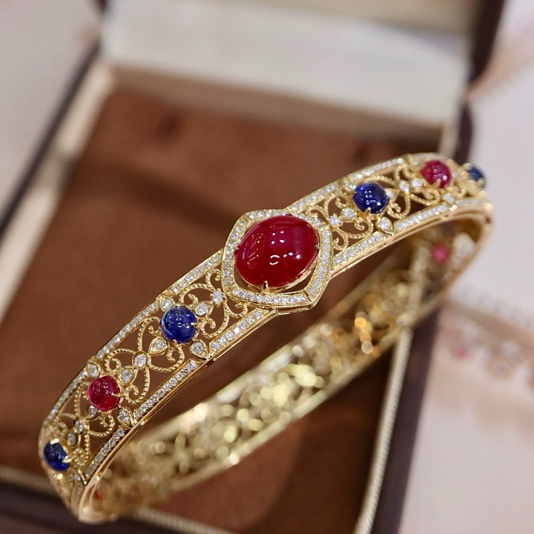 14k Gold 6.75 Ctw Natural Ruby & Diamond Bangle - 2