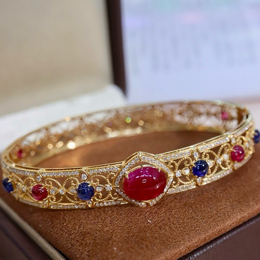 14k Gold 6.75 Ctw Natural Ruby & Diamond Bangle - 3
