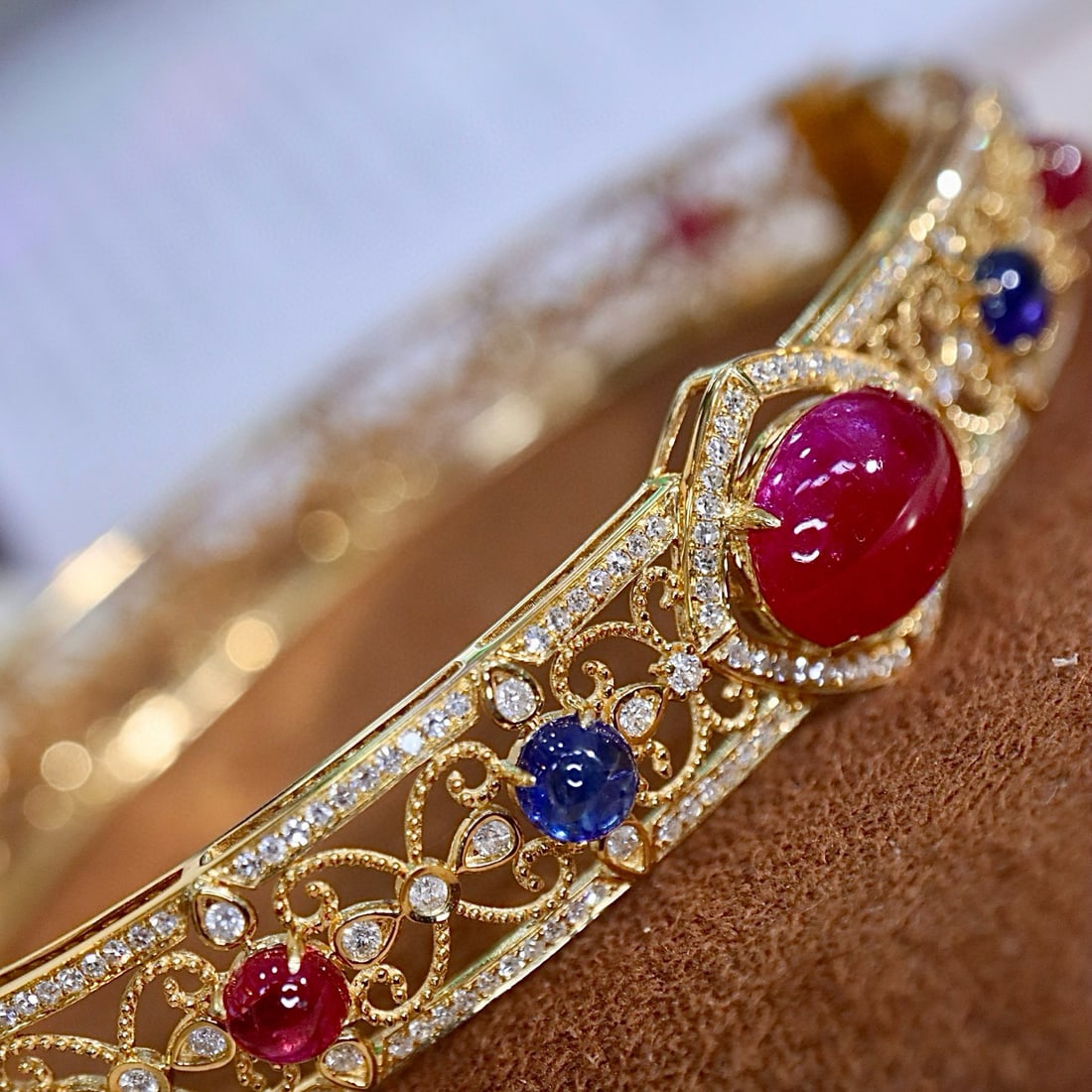 14k Gold 6.75 Ctw Natural Ruby & Diamond Bangle - 4