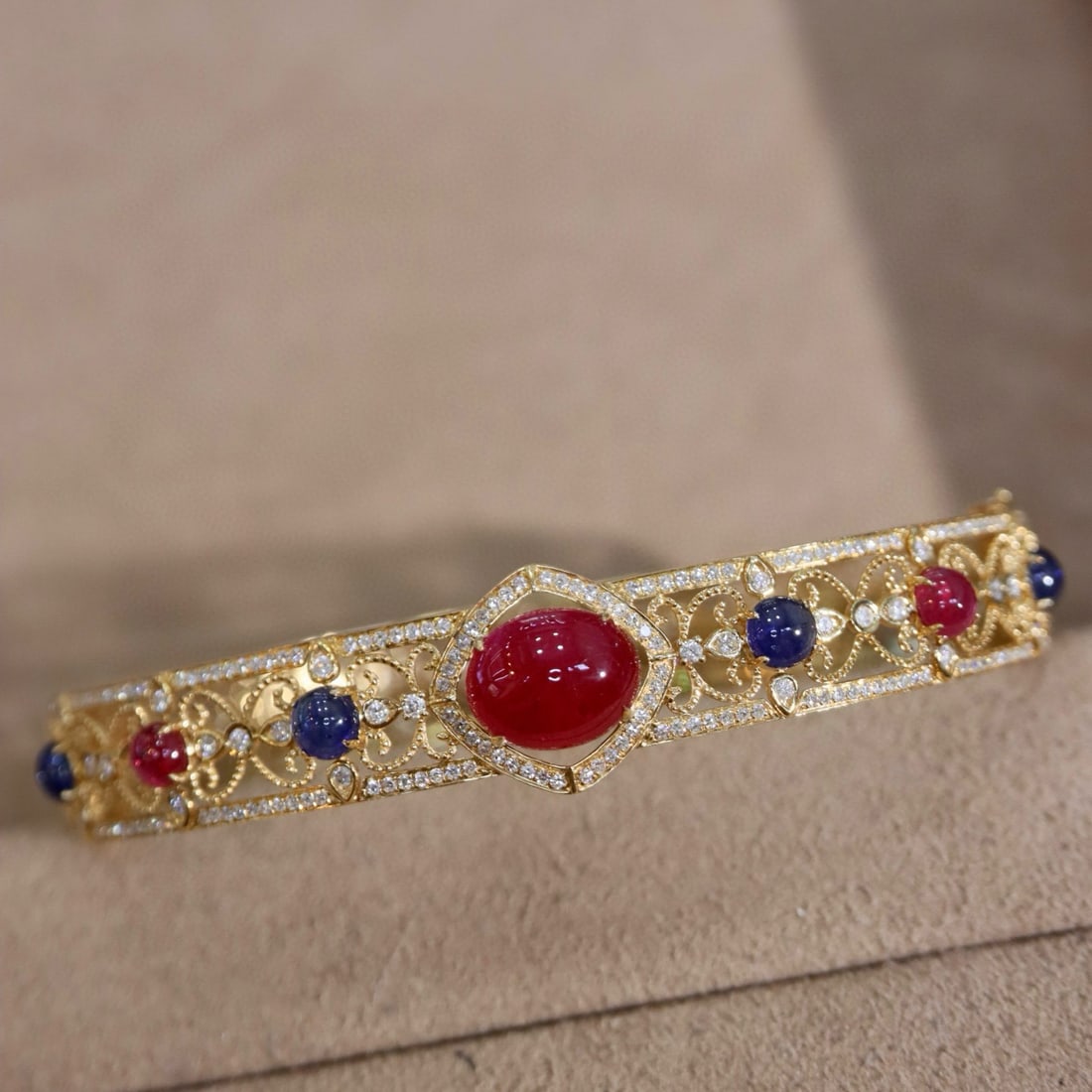 14k Gold 6.75 Ctw Natural Ruby & Diamond Bangle - 5