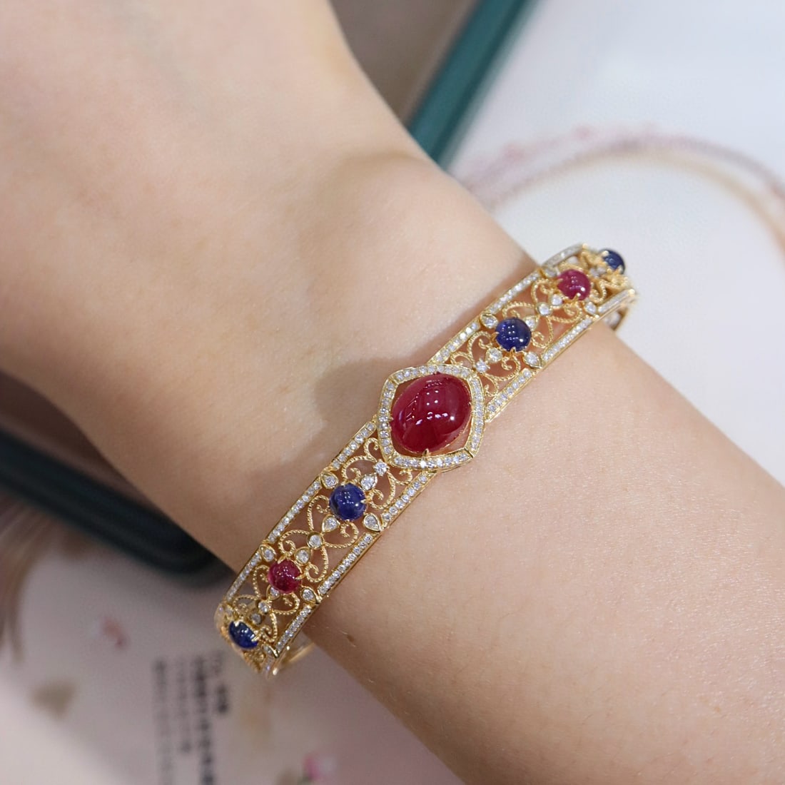 14k Gold 6.75 Ctw Natural Ruby & Diamond Bangle - 8