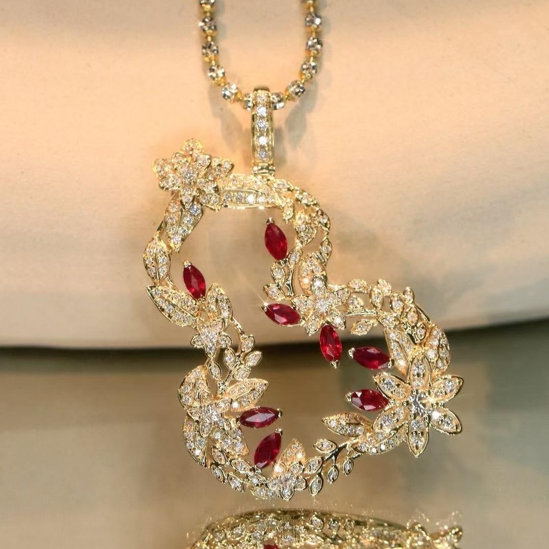 14k Gold 1.67 Ctw Natural Ruby & Diamond Pendant( Without Chain ) - 2