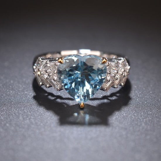 14k Gold 3.04 Ctw Natural Aquamarine & Sapphire Ring: Ref:231045086 // gold content:14k gold // ring size:7. 25us // // main gemstone:aquamarine // shape:heart // carat weight:2. 59ct // color:blue // treatment:natural // // adjacent gemstone 2 :