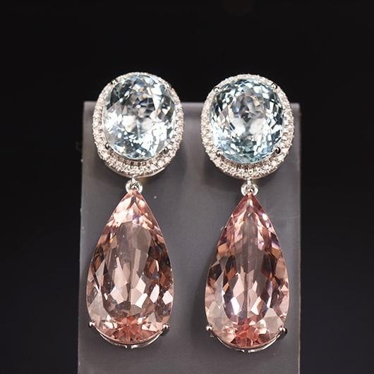 14k Gold 26.05 Ctw Natural Morganite & Aquamarine Earrings: Ref:231045087 // gold content:14k gold // main gemstone:morganite // shape:pear // carat weight:15. 2ct // color:pink // treatment:natural // // adjacent gemstone 2 : aquamarine // shape:oval // carat