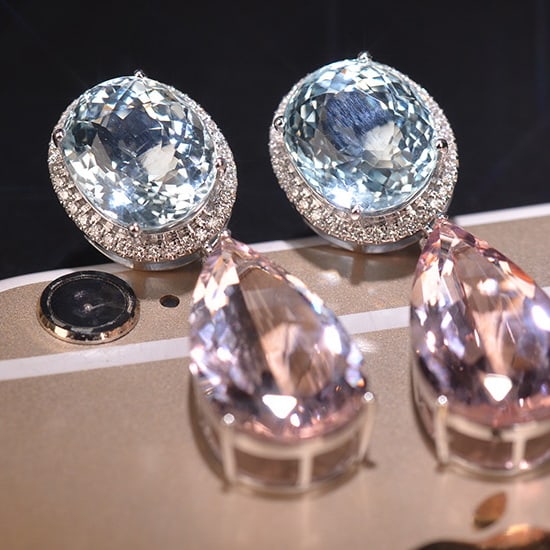 14k Gold 26.05 Ctw Natural Morganite & Aquamarine Earrings - 7