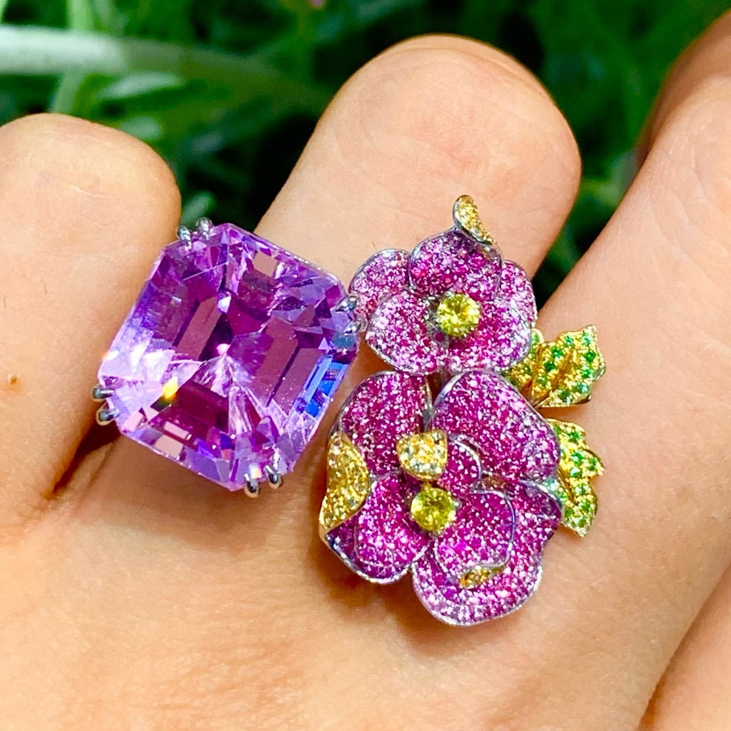 14k Gold 15.05 Ct Natural Kunzite & Sapphire & Tsavorite Ring - 2