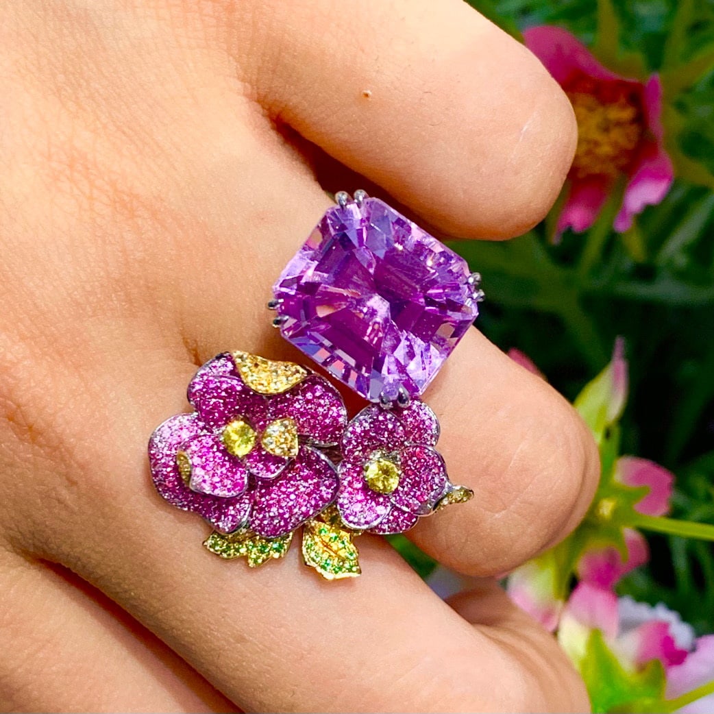 14k Gold 15.05 Ct Natural Kunzite & Sapphire & Tsavorite Ring - 5