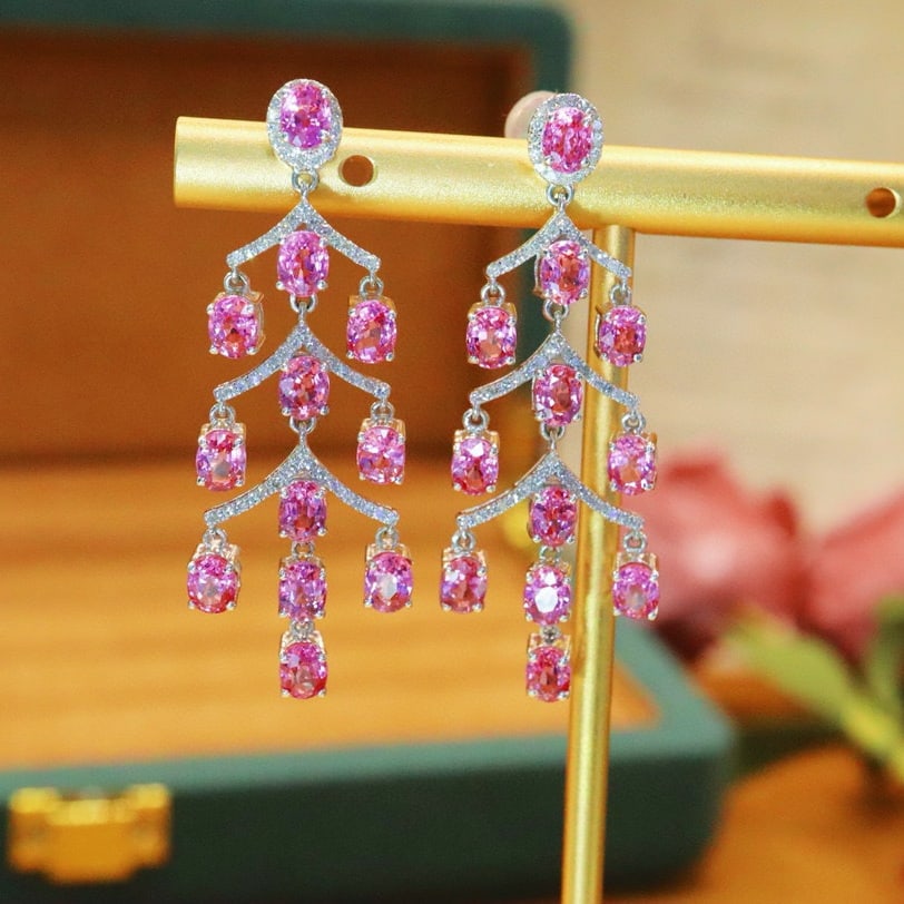 14k Gold 7.56 Ctw Natural Padparadscha Sapphire & Diamond Earrings - 3