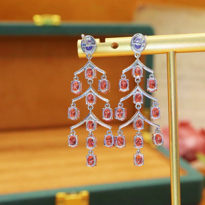 14k Gold 7.56 Ctw Natural Padparadscha Sapphire & Diamond Earrings - 4